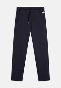 Navy Jogginghose aus weichem Stoff, ausgestattet mit einem elastischen Bund mit Kordelzug, seitlichen Taschen und gerippten Bündchen an den Knöcheln.