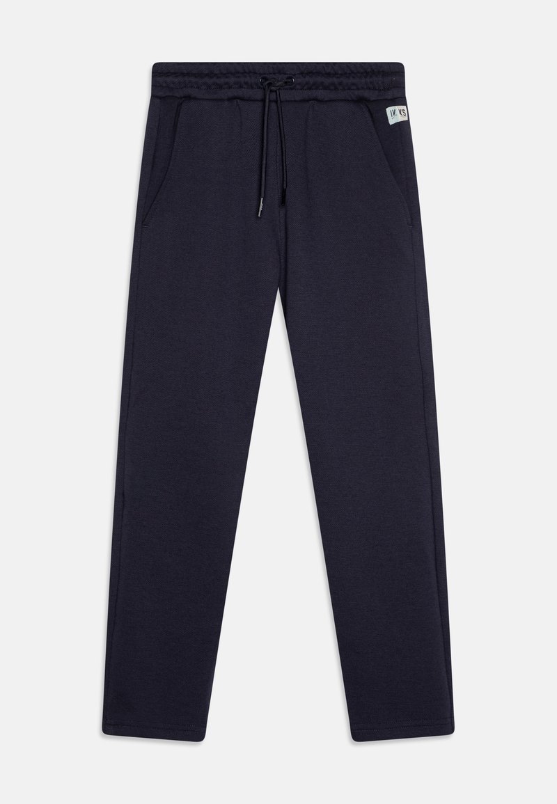 Navy Jogginghose aus weichem Stoff, ausgestattet mit einem elastischen Bund mit Kordelzug, seitlichen Taschen und gerippten Bündchen an den Knöcheln.