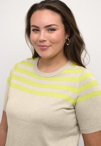 Beige knit sweater with short sleeves featuring horizontal lime green and light gray stripes. Round neckline and fine texture.