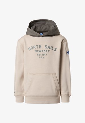 Beige Kapuzenpullover mit grauer Kapuze, mit dem Aufdruck "NORTH SAILS" in Grün. Enthält eine Fronttasche und elastische Bündchen. Aus einer Baumwollmischung.
