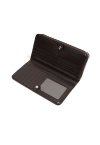 Brązowy skórzany portfel z zamkiem błyskawicznym. Posiada miejsca na karty, przezroczystą kieszeń na dowód tożsamości oraz zapięcie na napę. Gładka tekstura.