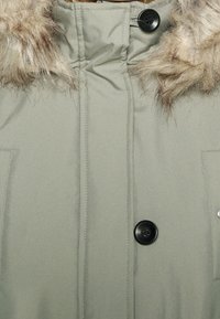 Parka grigia chiara con cappuccio foderato in pelliccia, bottoni neri e due tasche frontali. Presenta una trama di tessuto liscia e una cerniera nascosta.