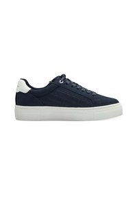 Sneaker azul navy con toma in tessuto testurizzato, dettagli bianchi sul tallone e sulla suola, punta rotonda e suola piatta in gomma.