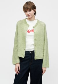 Ungdom med kort brunt hår iført en lys grønn knappet cardigan over en hvit skjorte med røde lepper grafikk og mørke jeans.