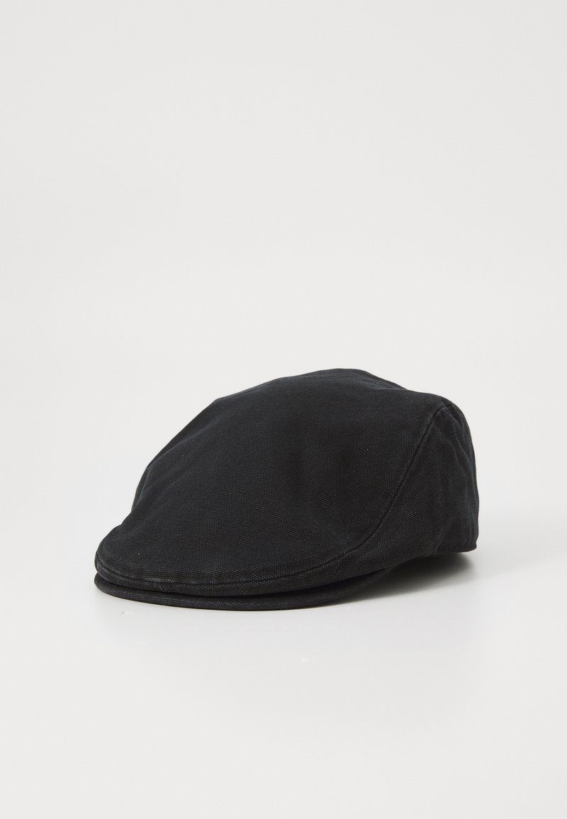 Cappello piatto in cotone nero con la parte superiore arrotondata, dotato di una visiera curva e una texture liscia. Nessun motivo visibile o dettaglio hardware.