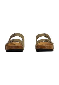 Sandali in pelle marrone con doppie cinghie regolabili, sottopiede in sughero e suola in gomma nera. Design open-toe con forma arrotondata.