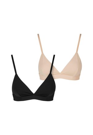 Zwart en naakt driehoek bralette set met dunne bandjes, gladde stof en een naadloos ontwerp. Elke heeft een diepe halslijn en geen beugel.