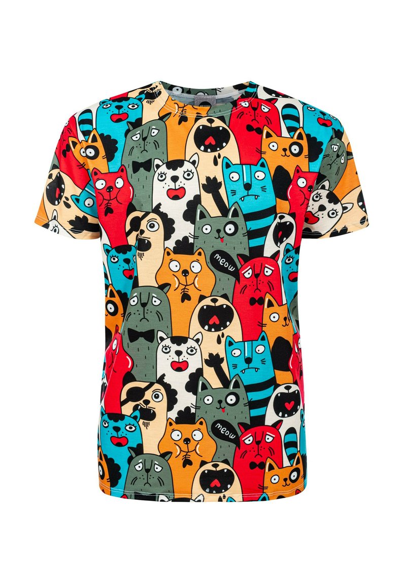 Korte mouwen t-shirt van katoen, met een meerkleurig patroon van cartoon katten in verschillende gezichtsuitdrukkingen en kleuren op een beige achtergrond.