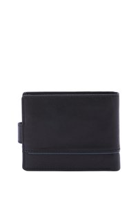 Portafoglio in pelle nera, con una texture liscia, forma rettangolare e una tracolla laterale. Include una sottile linea di accento blu.