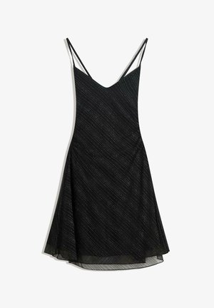 Robe noire sans manches avec fines bretelles et discrètes rayures diagonales argentées, dotée d'un ourlet évasé et d'un col en V.