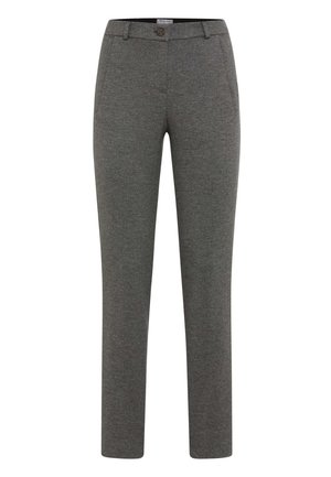 Grå skræddersyede bukser med en glat, tekstureret finish. Har knaplukning, sidelommer og et lige ben-design.