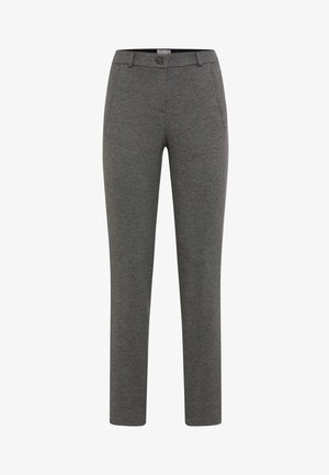 Graue, maßgeschneiderte Hose mit glattem, strukturiertem Finish. Verfügt über einen Knopfverschluss, Seitentaschen und ein gerades Bein.