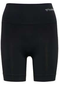 Svarta högmidjade sömlösa kompressionsshorts med en liten "hummel"-logotyp på den övre högra midjebandet.