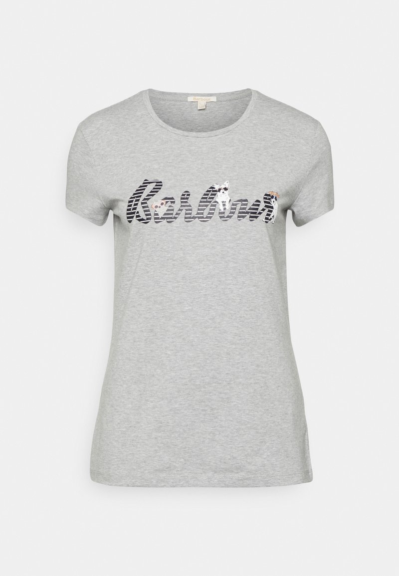T-shirt gris en coton à manches courtes avec le logo stylisé "Barbour" en motif rayé noir et blanc, orné de petits dessins d'animaux.
