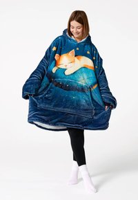 Oversized blue fleece hoodie with a cat illustration, stars, and a galaxy pattern. Features a front pocket and soft texture.