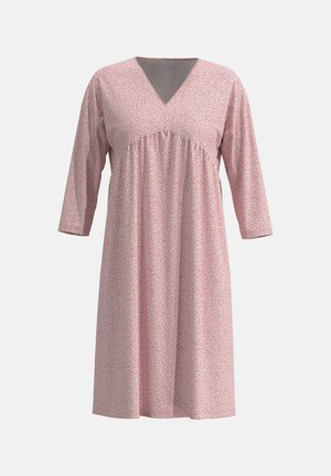 Roze jurk met een V-hals, driekwart mouwen en een gegatherde taille. Kenmerkt zich door een klein bloemenpatroon op zachte stof. Half lange ontwerp.