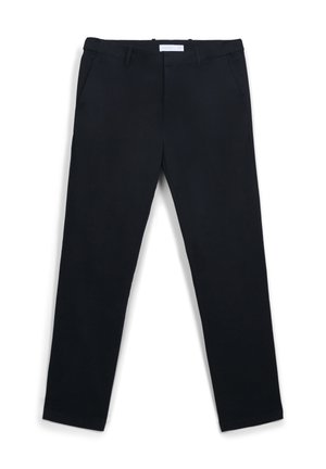 Marineblaue Hose aus glattem Stoff. Verfügt über ein gerades Bein-Design mit Gürtelschlaufen und Seitentaschen. Minimalistischer Stil ohne Muster.