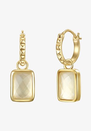 Zelta riņķa auskari ar facētu taisnstūra akmeni, gludu virsmu un tekstūrētām akcents uz riņķa.