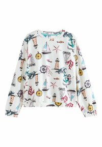 Bílá mikina s dlouhým rukávem s námořnickým vzorem majáků, lodí, kotvic a mořského života v různých barvách.