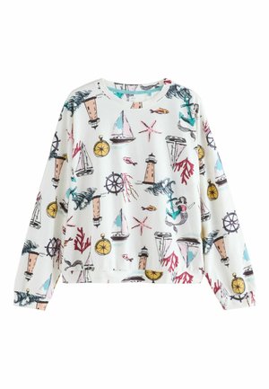 Bílá mikina s dlouhým rukávem s námořnickým vzorem majáků, lodí, kotvic a mořského života v různých barvách.