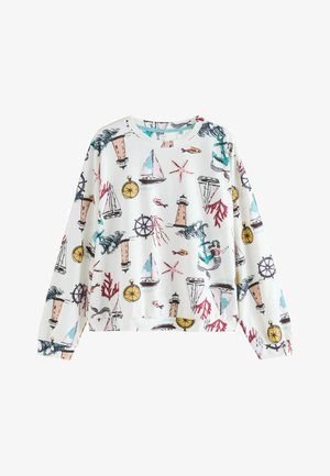 Bílá mikina s dlouhým rukávem s námořnickým vzorem majáků, lodí, kotvic a mořského života v různých barvách.