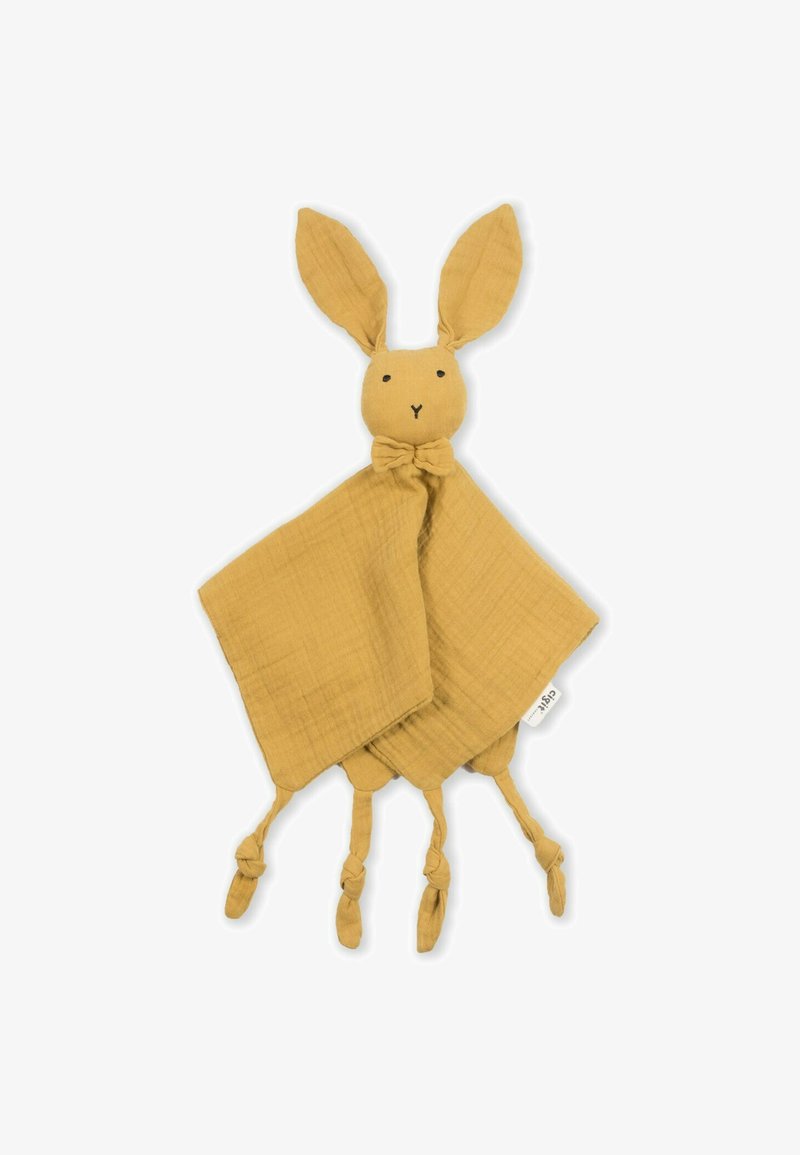 Soft mustard-colored teddy blanket with bunny head, long ears, and knotted accents. Made from textured muslin fabric with an embroidered face.