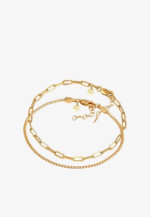Goldfarbener, mehrlagiger Armreif mit einem flachen Ketten- und einem Gliederketten-Design, ausgestattet mit einem Karabinerverschluss und einstellbarer Länge.
