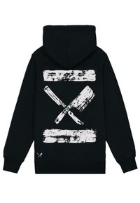 Felpa nera con cappuccio, caratterizzata da una grande grafica bianca di coltelli incrociati, con accenti di pennellate testurizzate sopra e sotto il design.