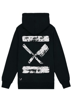 Hanorac negru cu un grafic mare alb reprezentând cuțite încrucișate, având accente texturate de pensulă deasupra și dedesubtul designului.