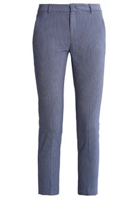 Navy blue trousers with a textured, geometric pattern. Slim fit design features a standard waistband and front pockets. Durable fabric.