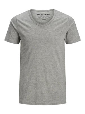 Grå kortærmet T-shirt med V-hals design. Fremstillet af blødt stof med en subtil tekstur. Brandmærket læser "JACK & JONES" på kraven.