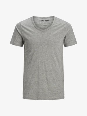 Grijze T-shirt met korte mouwen en V-hals ontwerp. Gemaakt van zachte stof met een subtiele textuur. Het merklabel op de kraag zegt "JACK & JONES".