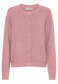 Cardigan en tricot rose à manches longues, col rond, fermeture à boutons sur le devant et poignets et ourlets côtelés. Texture douce et coupe légèrement ample.