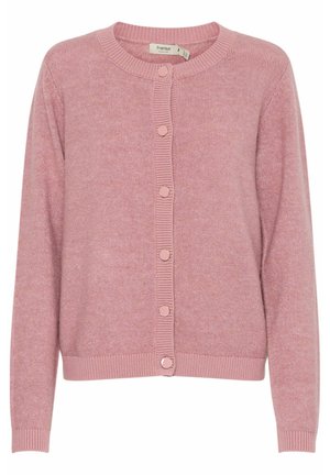 Vaaleanpunainen neulecardigan, jossa on pitkät hihat, pyöreä kaula-aukko, nappikiinnitys edessä sekä ribbaus hihansuissa ja helmassa. Pehmeä rakenne ja hieman löysempi istuvuus.