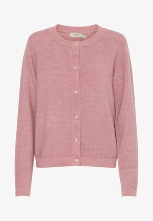 Vaaleanpunainen neulecardigan, jossa on pitkät hihat, pyöreä kaula-aukko, nappikiinnitys edessä sekä ribbaus hihansuissa ja helmassa. Pehmeä rakenne ja hieman löysempi istuvuus.