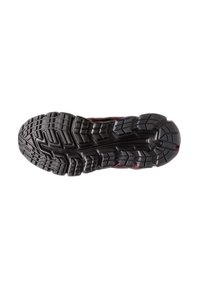 Black rubber athletic shoe sole with deep treads and a defined pattern for traction. Features slight color accents in red along the sides.