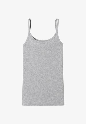 Lichtgrijze geribbelde stof tanktop met dunne schouderbandjes en een ronde hals.