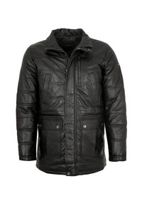 Black leather jacket with a zippered front, stand-up collar, and multiple front pockets. Features quilted texture and button accents.