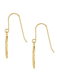 Zelta nokrās auskari ar garu, teksturētu lapu formas karājošiem elementiem un franču vadiem, kas nodrošina drošu valkāšanu. Elegants un viegls dizains.