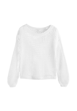 Hvid strikket langærmet sweater med åben vævemønster, ribstrikkede ærmekanter, kant og rund hals.