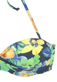 Květinový bikiny vršek v námořnické modři, zdobený živými žlutými a zelenými květy, s nastavitelnými ramínky a nařasenými detaily z látky.