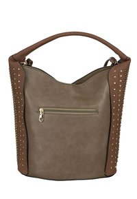 Hobo tas in taupe faux leer met een gestructureerd oppervlak. Bruine suede accenten met gouden studs. Enkele handgreep en rits achterzak.