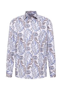 LangTMP-shirt met een witte achtergrond en een blauw en bruin bloemen- en bladerenpatroon, met een button-down kraag en knopen aan de voorkant.