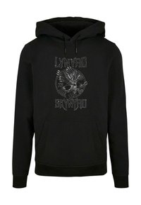 Zwarte hoodie met een voorzak in kangoeroestijl. Voorzien van witte grafische tekst "LYNYRD SKYNYRD" en een adelaarontwerp met een gitaar.
