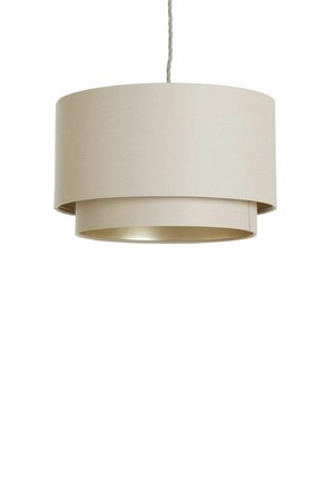 Beige double-layered cylindrical pendant lamp shade hanging from a twisted cord on a white background.