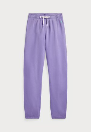 Pantalon de survêtement couleur lilas avec taille élastique et cordon blanc, avec un petit logo brodé en haut à gauche.
