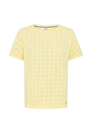 Geel shirt met korte mouwen, oogjesbloemenpatroon en ronde hals, gemaakt van lichtgewicht stof.