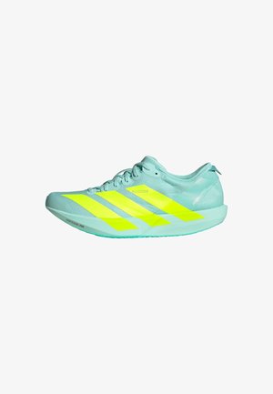 Light blue athletic shoe with yellow stripes, textured upper, lace closure, and a lightweight sole designed for performance.