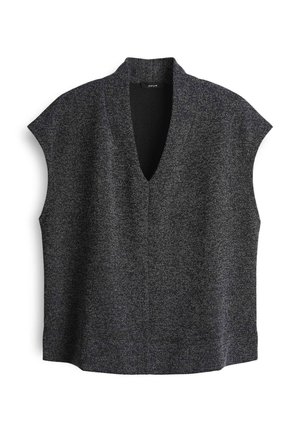 Sleeveless top in dark gray with a textured fabric, featuring a deep V-neck and a relaxed fit. No visible fastenings or patterns.