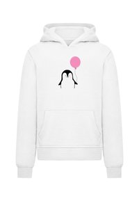 Sudadera blanca con un gráfico de un pingüino sosteniendo un globo rosa. Hecha de tela suave, incluye un bolsillo canguro y puños acanalados.